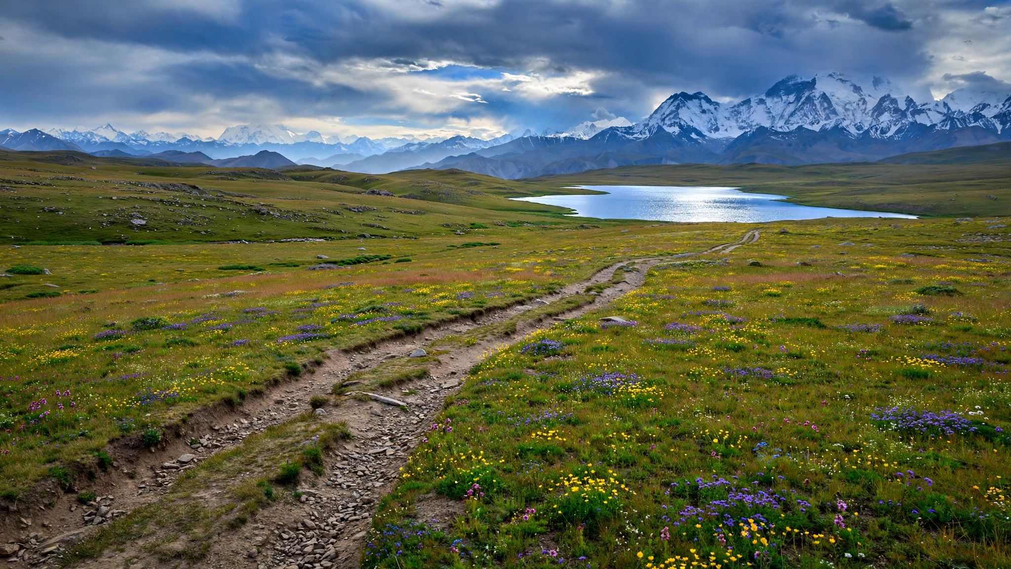 Wildflower meadows and Sheosar Lake in Deosai National Park near Skardu