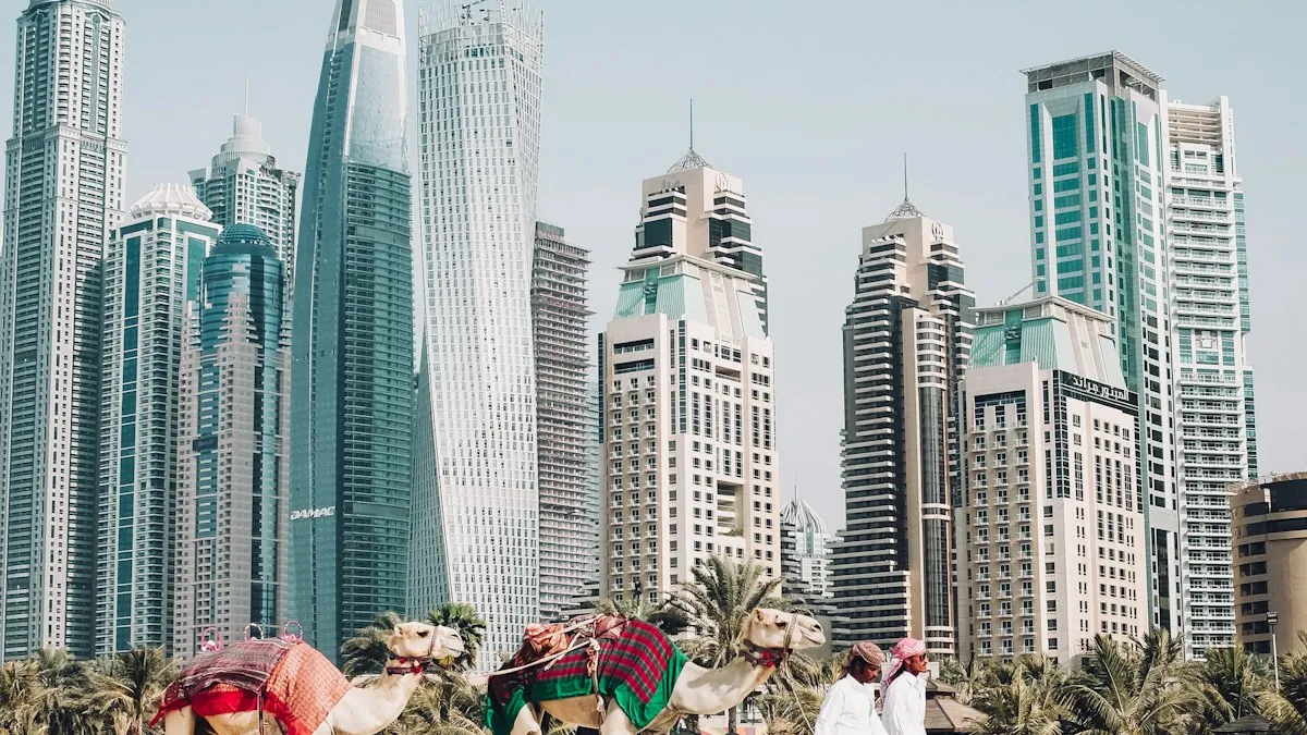 Dubai skyline at sunset over the Marina — the Dubai on a budget travel guide by The Travel Guide